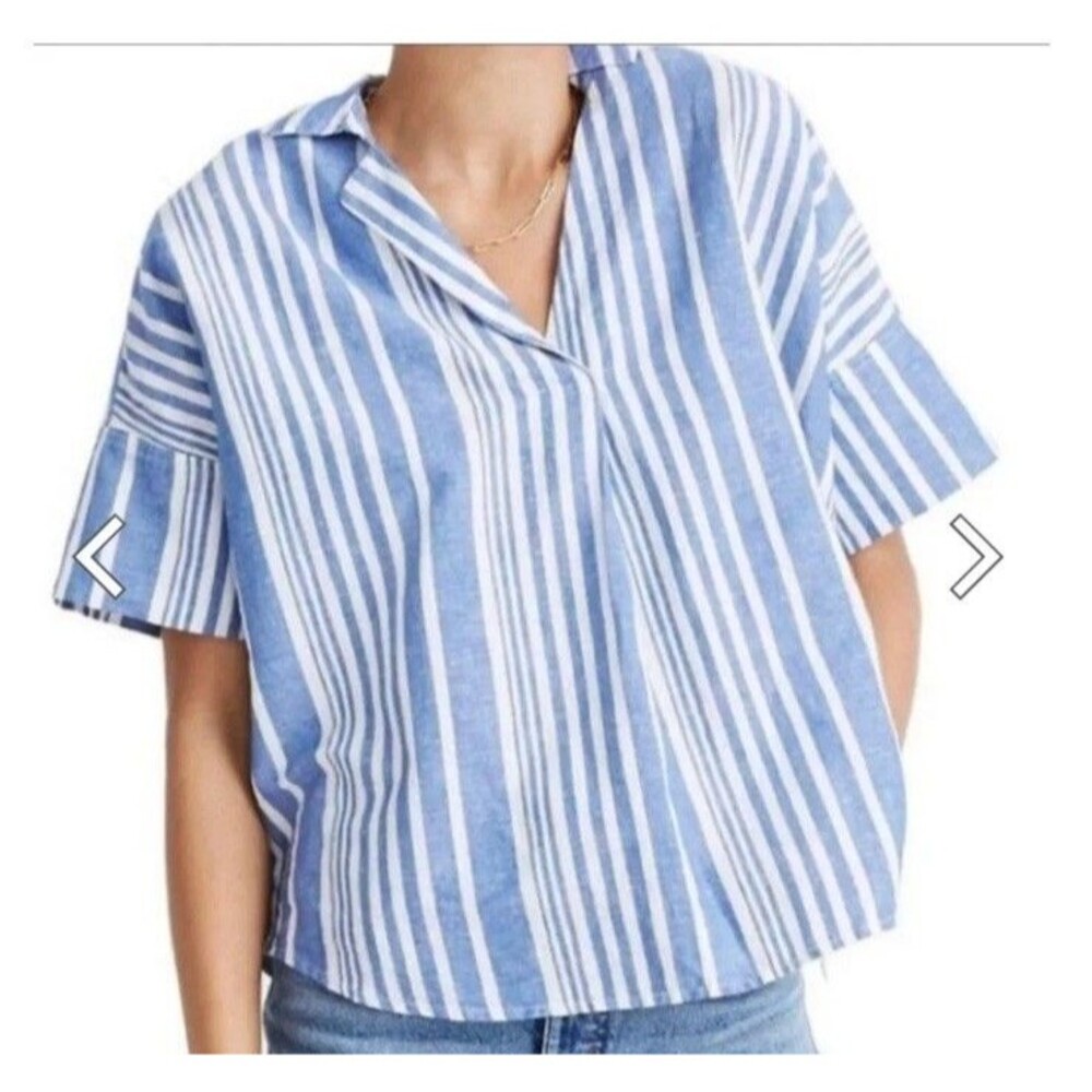 Madewell Courier Linen Blend Button-Back Top S Blue White Striped Oversized Boxy